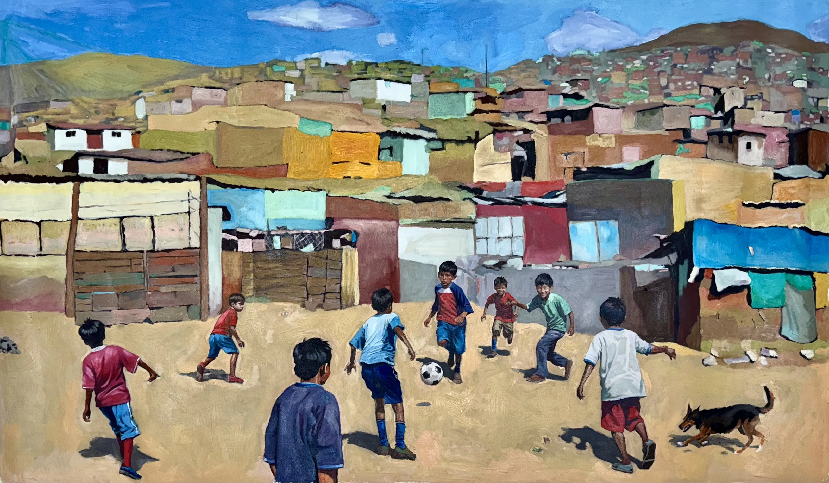 Los niños juegan — Ana Masias, 2025, óleo sobre lienzo, 95 × 165 cm